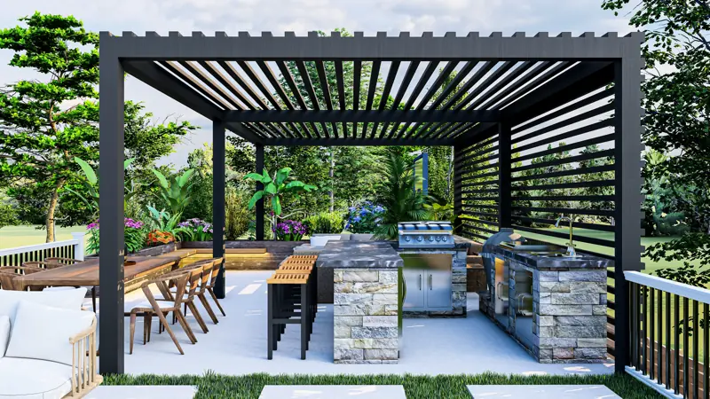 a outdoor patio with a pergola and a grill