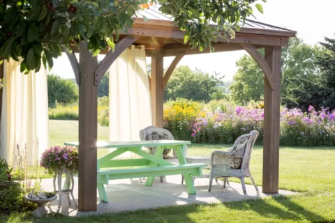 a picnic table and chairs under a gazebo