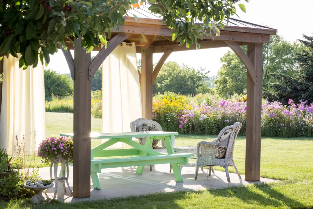 a picnic table and chairs under a gazebo